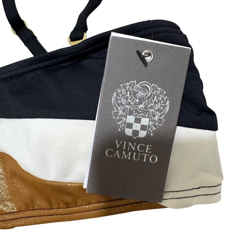Vince Camuto Size XS Black Gold Shimmer Blocked Square Neck Swim Top‎ NWT - Picture 7 of 9